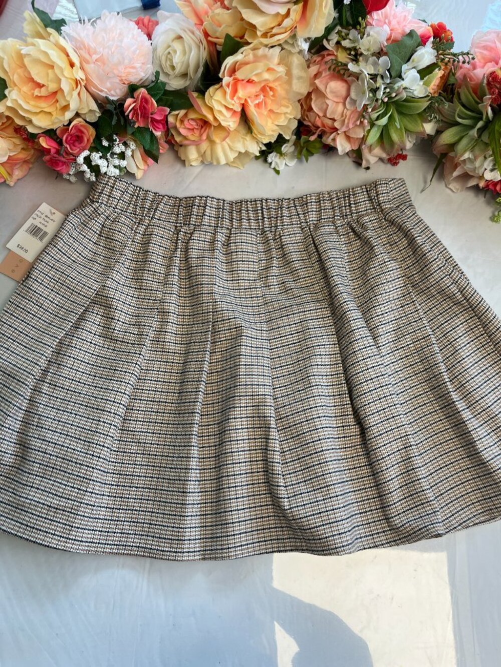 Evolutionary Plaid Pull On Mini Skirt Taupe Brown Houndstooth XL NWT Stretch - Picture 3 of 7